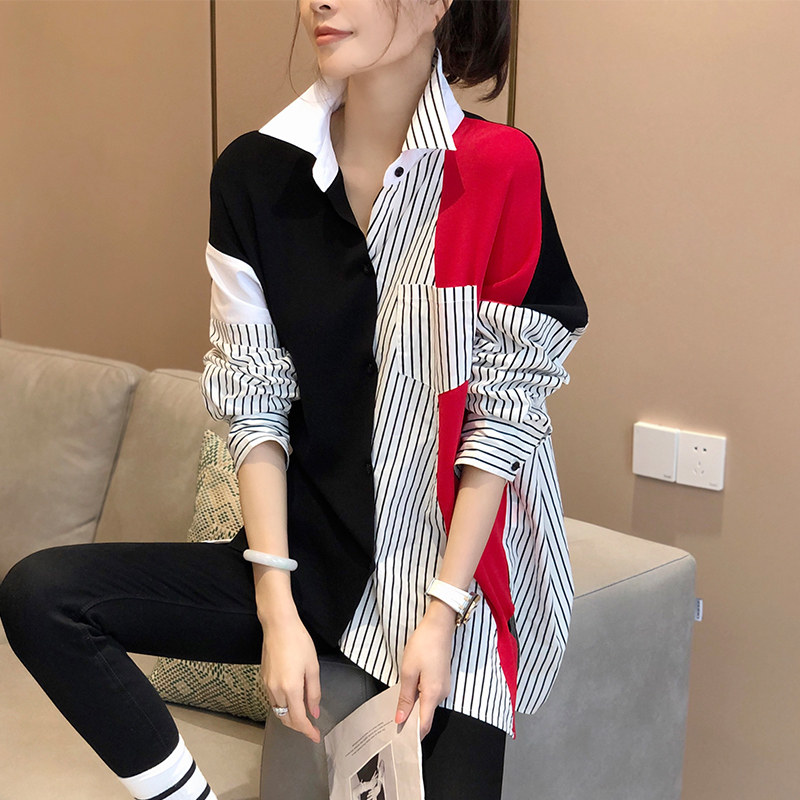 条纹拼接女宽松设计感小众洋气衬衫 秋寸衬衫