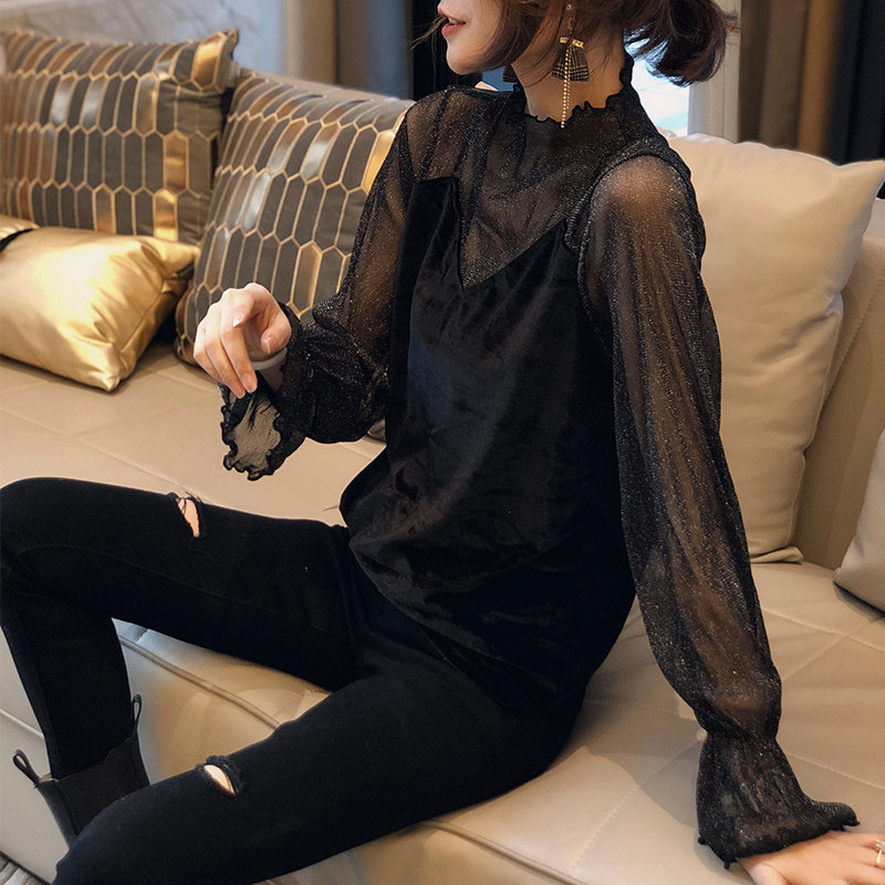 性感微透黑色蕾丝衫女时尚洋气小衫 秋寸蕾丝衫/雪纺衫