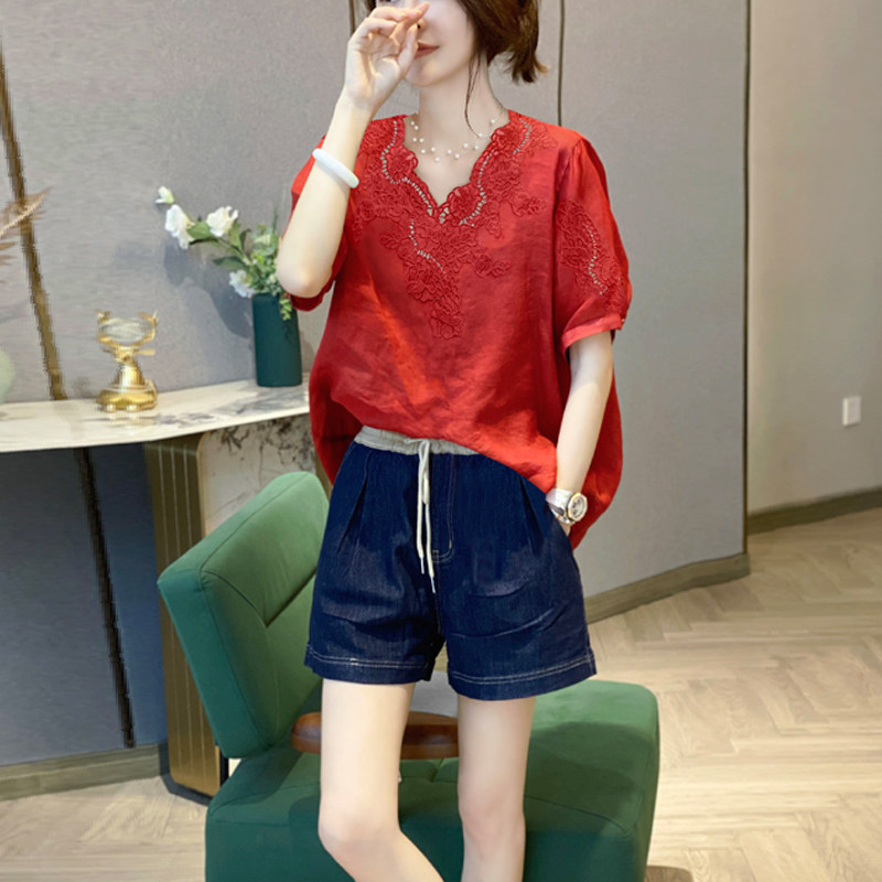 红色蕾丝v领女短袖薄款设计感衬衫 秋寸衬衫