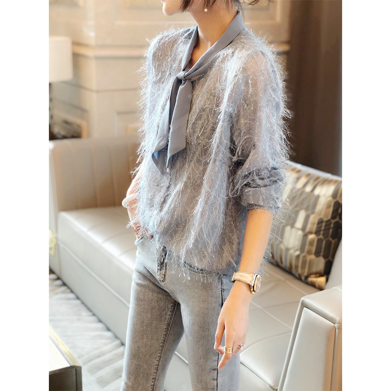 蓝色v领薄款宽松洋气流苏蕾丝衫 秋寸蕾丝衫/雪纺衫