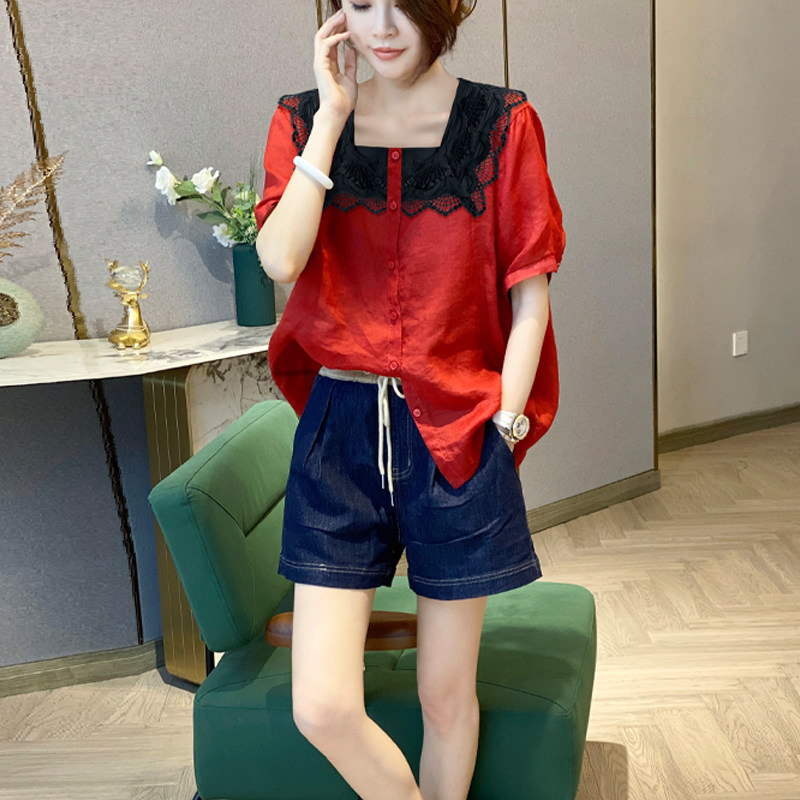棉麻方领红色女短袖宽松高端衬衫 秋寸衬衫