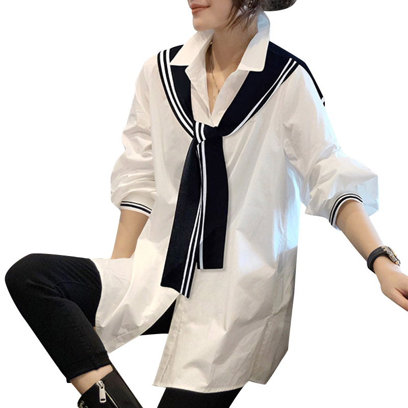 假两件白色中长款宽松洋气春秋衬衫 秋寸衬衫