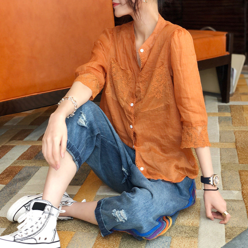 橘色蕾丝棉麻薄款七分袖设计感衬衫 秋寸衬衫