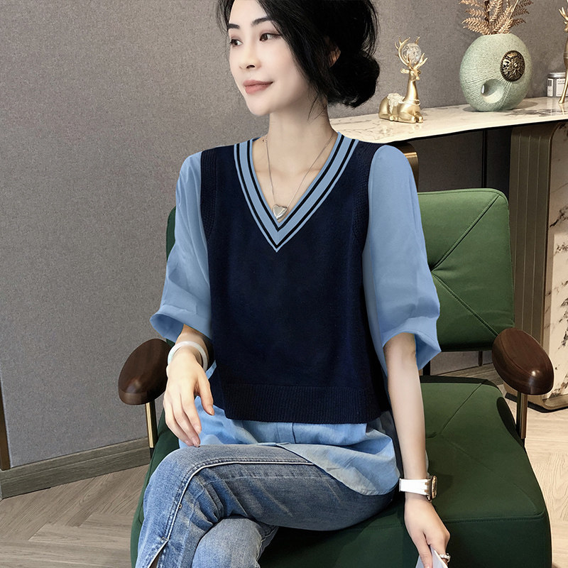 拼接假两件v领女设计感小众衬衫 秋寸衬衫