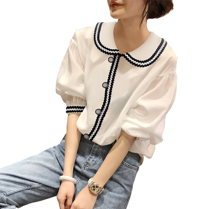 港风白色短袖夏季雪纺泡泡袖衬衫 秋寸衬衫