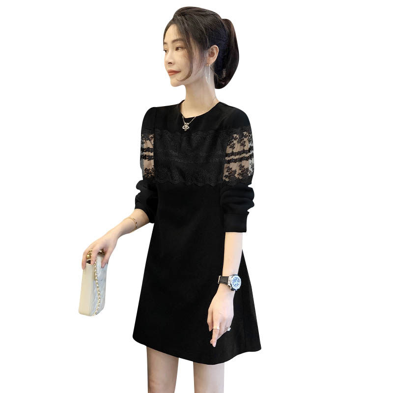法式蕾丝小黑裙长袖气质通勤连衣裙 秋寸连衣裙
