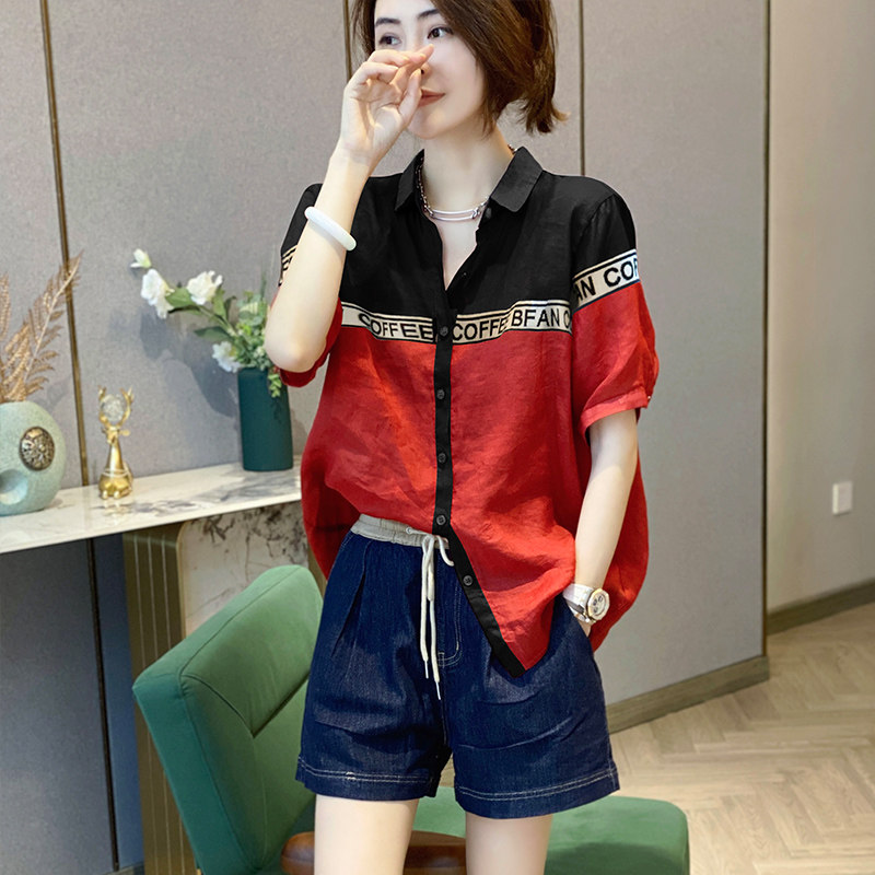 撞色翻领短袖薄款洋气设计感衬衫 秋寸衬衫