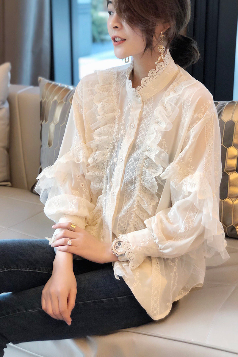 仙气白色女衬衫长袖宽松立领小衫 秋寸蕾丝衫/雪纺衫