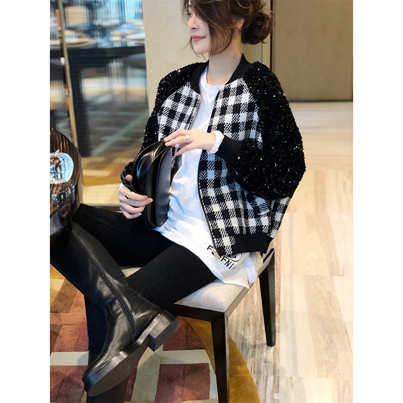 黑色格子短款棒球服女洋气秋装夹克 秋寸短外套
