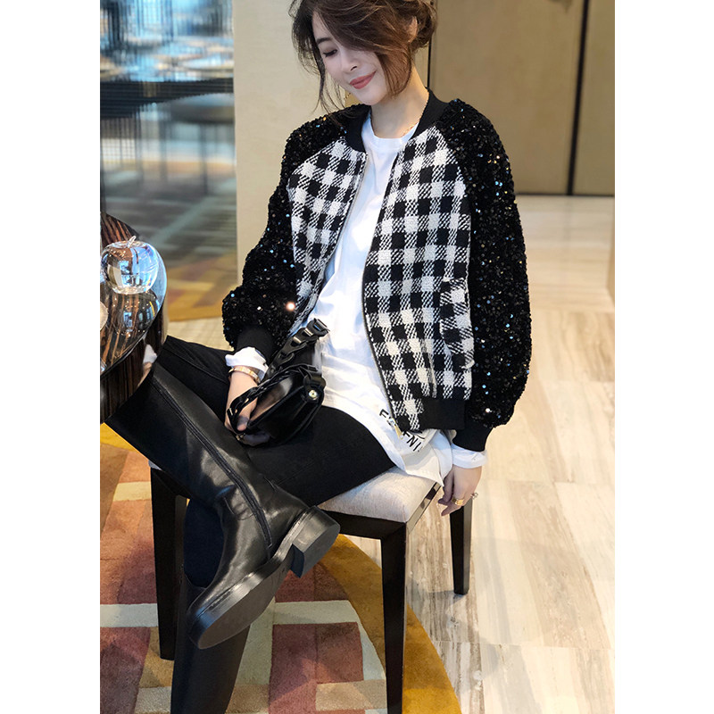 黑色格子短款棒球服女洋气秋装夹克 秋寸短外套
