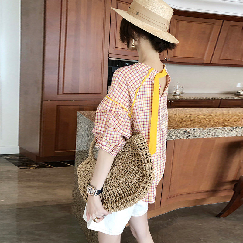 格子女上衣泡泡袖短款夏季宽松衬衫 秋寸衬衫