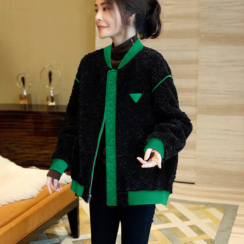 仿羊羔毛绒短外套拼接小个子棒球服 秋寸短外套