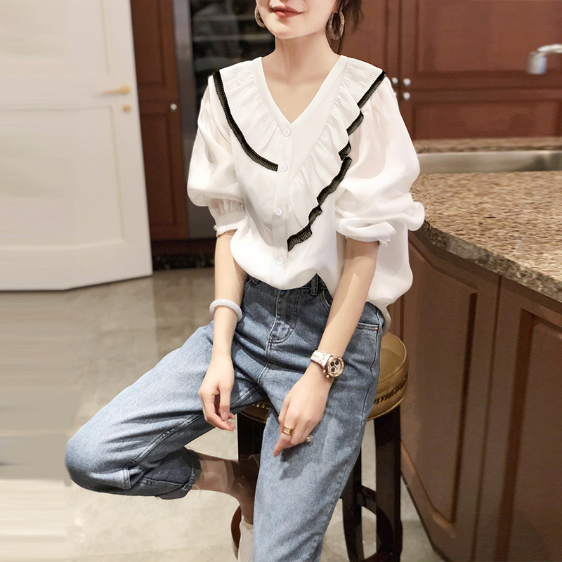 白色v领泡泡袖雪纺荷叶边洋气衬衫 秋寸衬衫