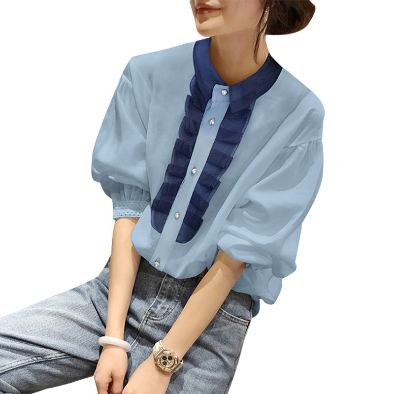 木耳边泡泡袖雪纺蓝色夏季2020衬衫 秋寸衬衫