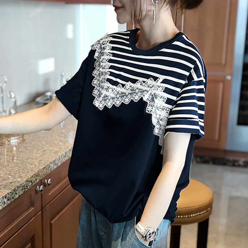 条纹短袖设计感蕾丝短款体恤衫t恤 秋寸T恤