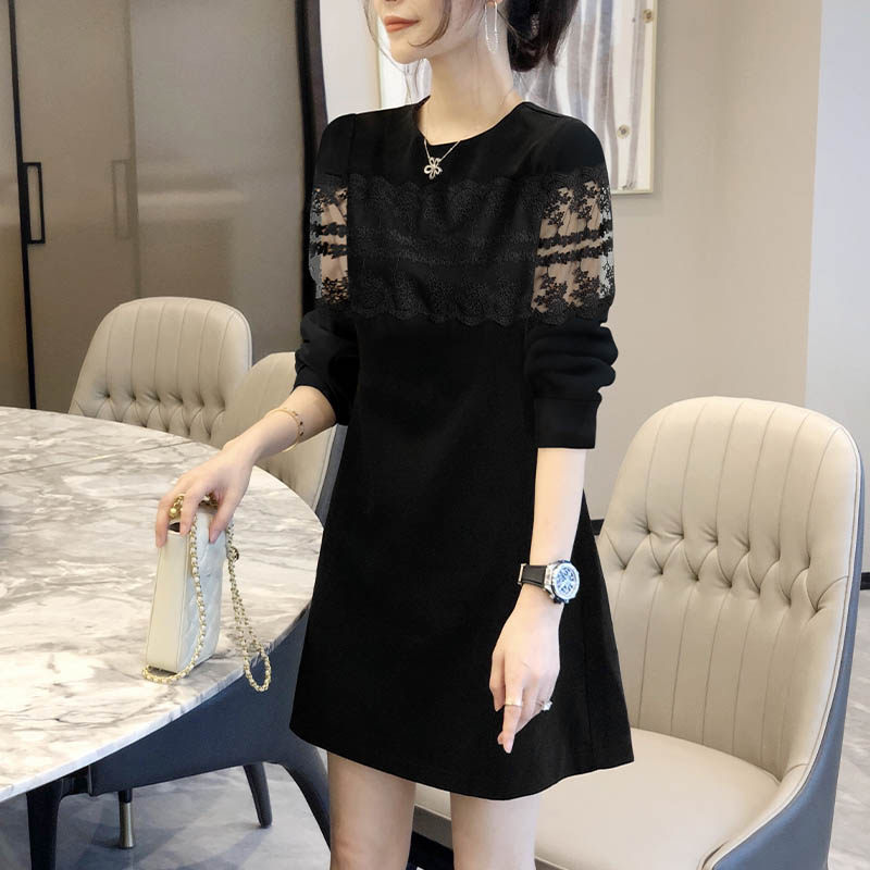 法式蕾丝小黑裙长袖气质通勤连衣裙 秋寸连衣裙