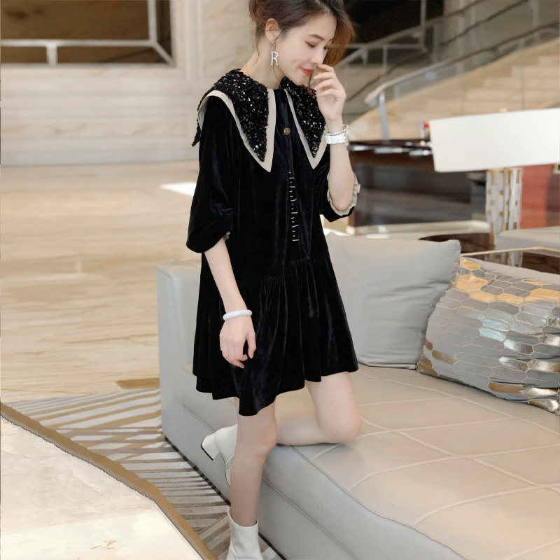 小黑色丝绒娃娃领长袖秋冬连衣裙 秋寸连衣裙
