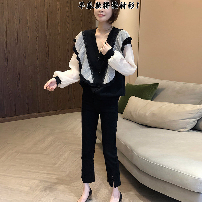 盐系拼接v领女气质高级感显瘦衬衫 秋寸衬衫