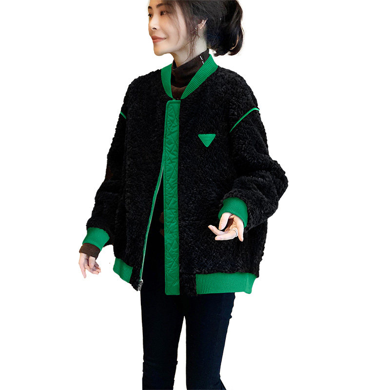 仿羊羔毛绒短外套拼接小个子棒球服 秋寸短外套