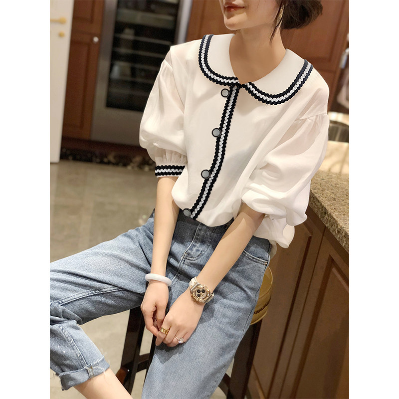 港风白色短袖夏季雪纺泡泡袖衬衫 秋寸衬衫