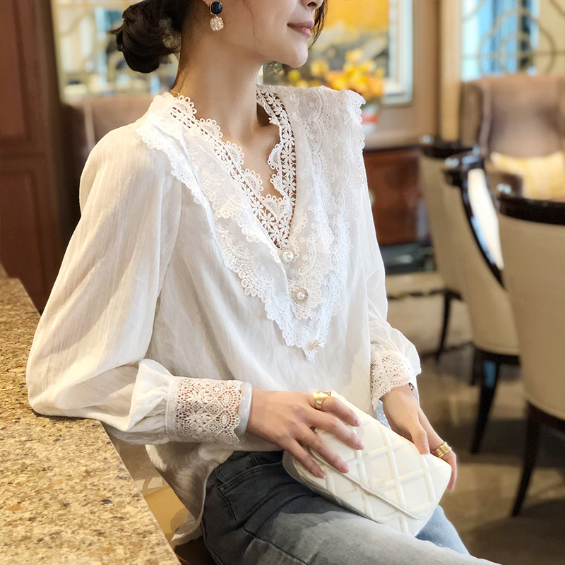 优雅v领小衫白色蕾丝长袖2020衬衫 秋寸蕾丝衫/雪纺衫