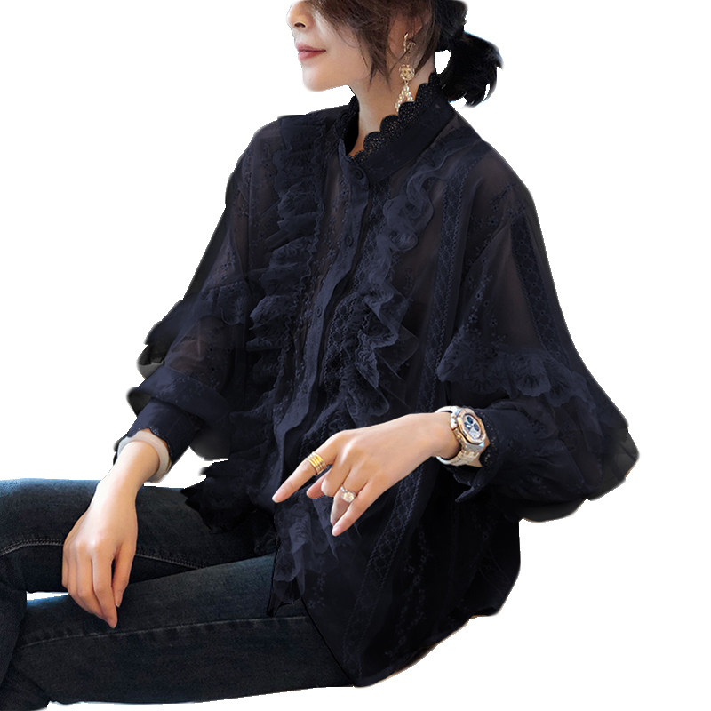 荷叶领蕾丝衫黑色长袖小衫韩衬衫 秋寸蕾丝衫/雪纺衫