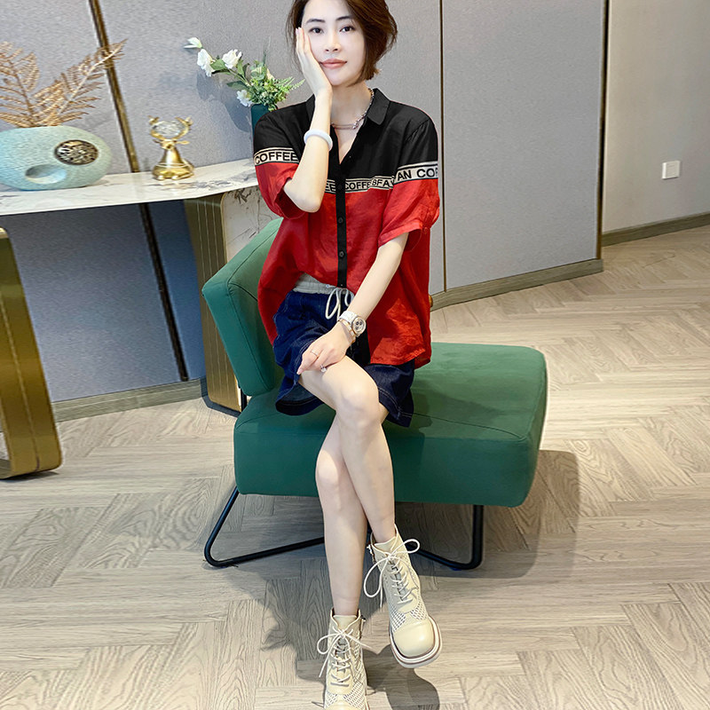 撞色翻领短袖薄款洋气设计感衬衫 秋寸衬衫