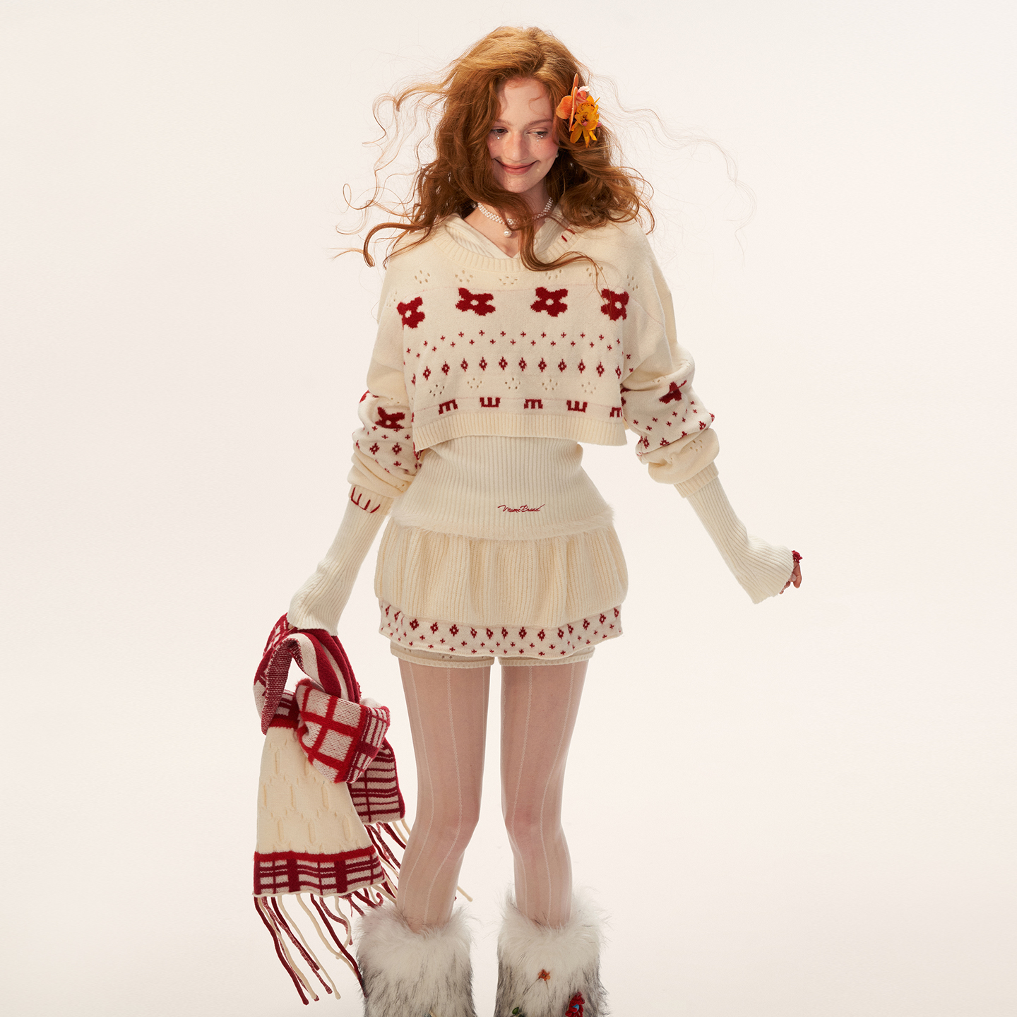 MAMC星星花朵提花圆领短款毛衣针织衫2025秋冬新款宽松慵懒风上衣 - 图2