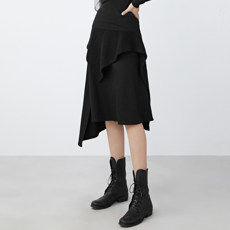 sdeer圣迪奥女装半身裙针织毛呢拼接不规则A字黑色长裙S21481124 - 图2