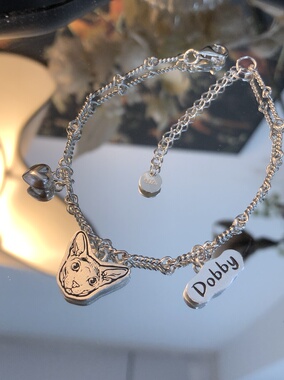 999纯银8字手链纯银猫咪狗狗头像全身可爱图案定制吊坠手链