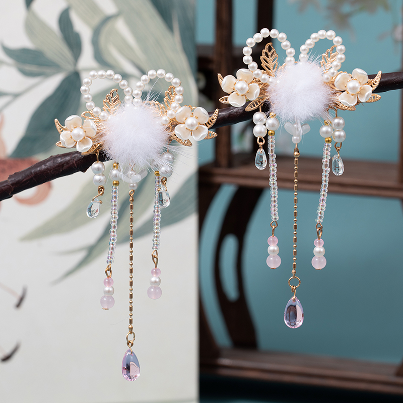 毛球发夹古风仙气兔耳朵流苏对夹花朵边夹秋冬毛绒头饰女汉服发饰 - 图0