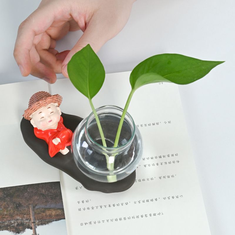 创意玻璃摆件小和尚花器家居装饰品茶桌绿萝花插花瓶陶瓷水培容器 - 图1