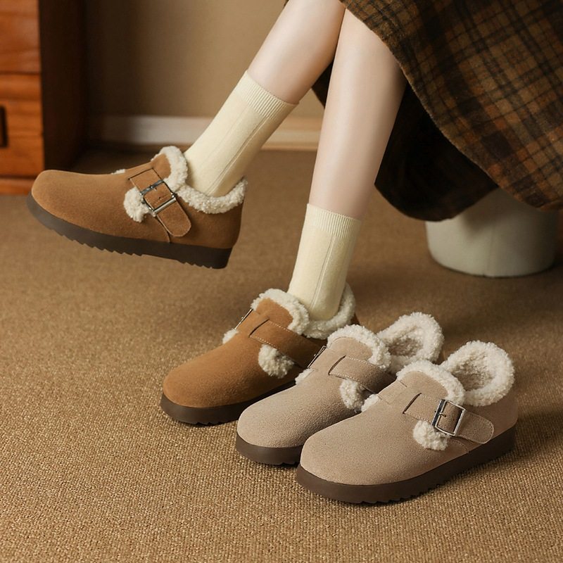 ZHR则则加绒真皮勃肯鞋女2024冬季新款毛毛鞋平底保暖加厚棉鞋女,淘宝优惠券,粉丝福利购,淘宝优惠卷