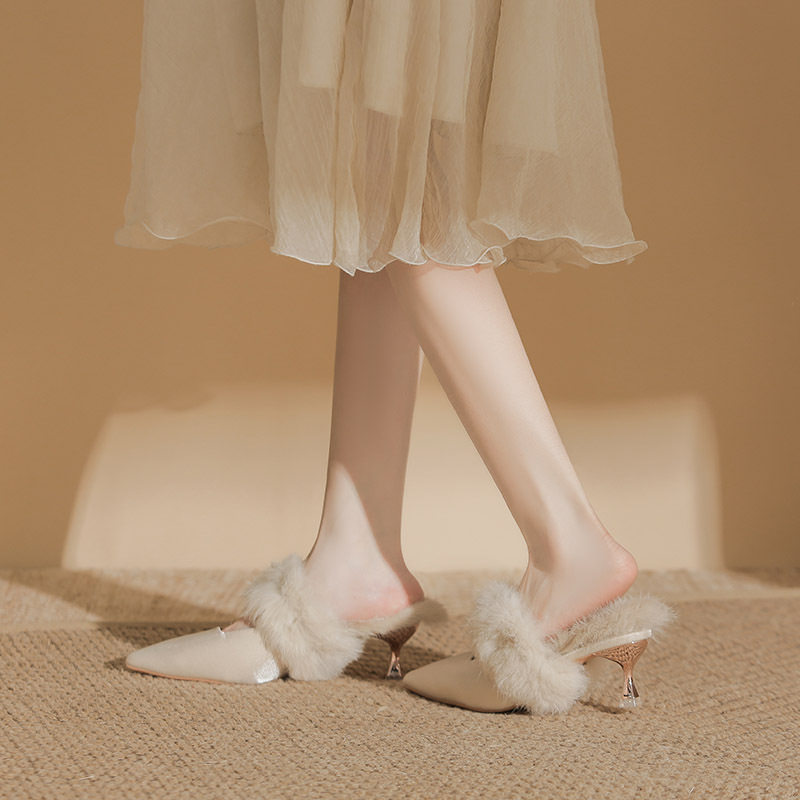 313-7Z75秋冬新款毛毛外穿保暖尖头高跟半拖高级感毛绒绸缎高跟鞋,淘宝优惠券,粉丝福利购,淘宝优惠卷