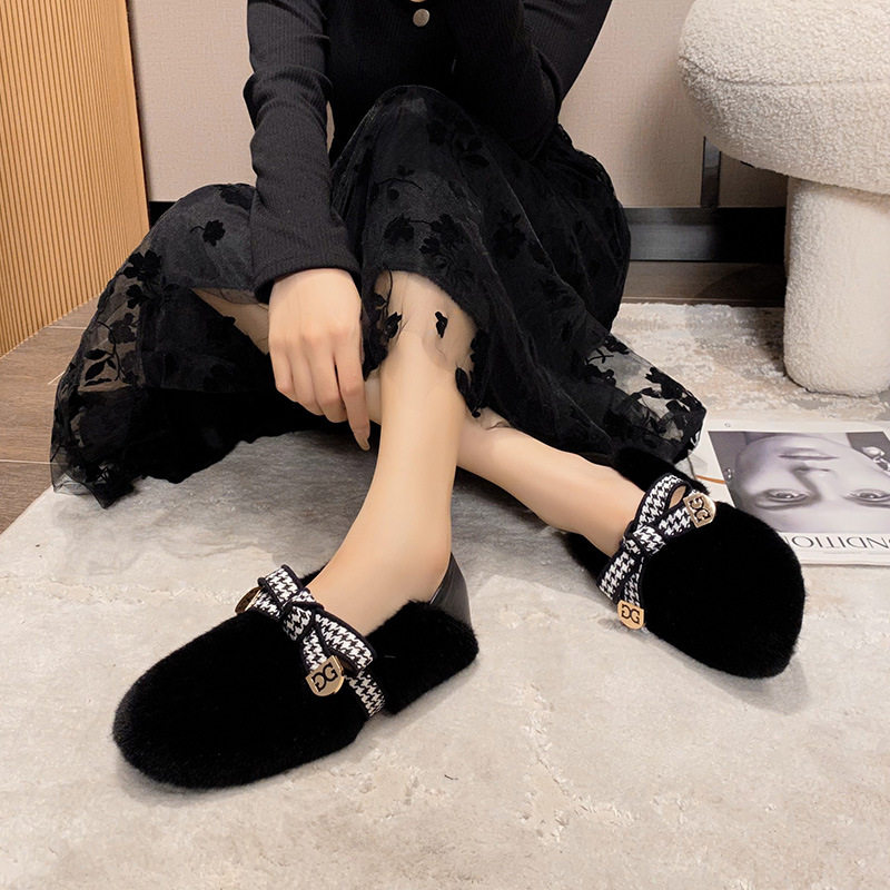 PM-5毛毛鞋女秋冬加绒休闲单鞋一脚蹬羊羔毛豆豆鞋大码女鞋41一43,淘宝优惠券,粉丝福利购,淘宝优惠卷