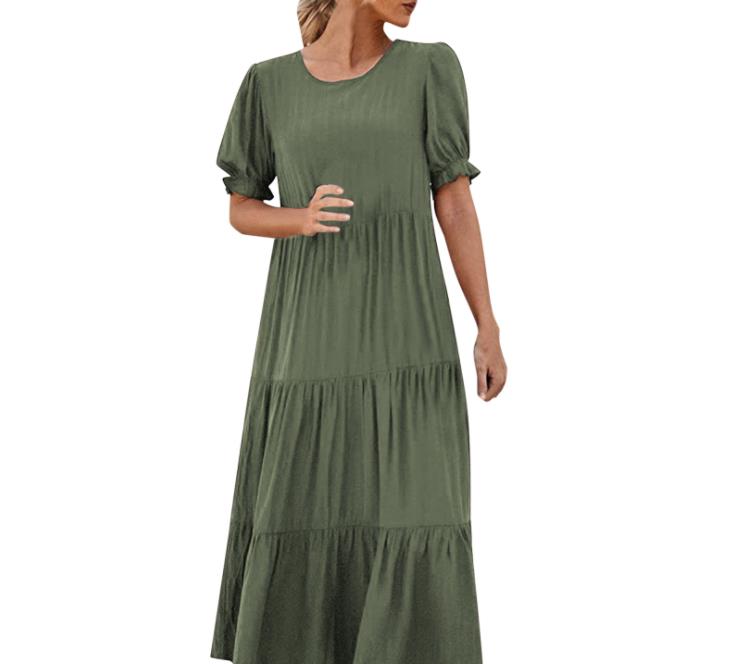 Round neck pleated loose dress   纯色圆领褶皱宽松连衣裙 - 图0