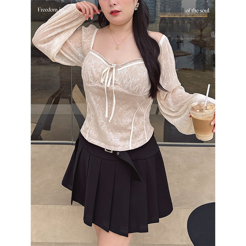 56038网纱拼接方领T恤女春季法式短款内搭辣妹紧身带胸垫大码上衣,淘宝优惠券,粉丝福利购,淘宝优惠卷