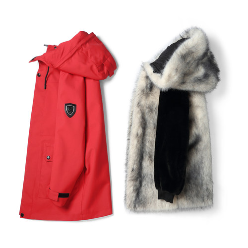 海宁冬季皮草男女同款北极郊狼内胆派克服冲锋衣中长款连帽厚外套 - 图1