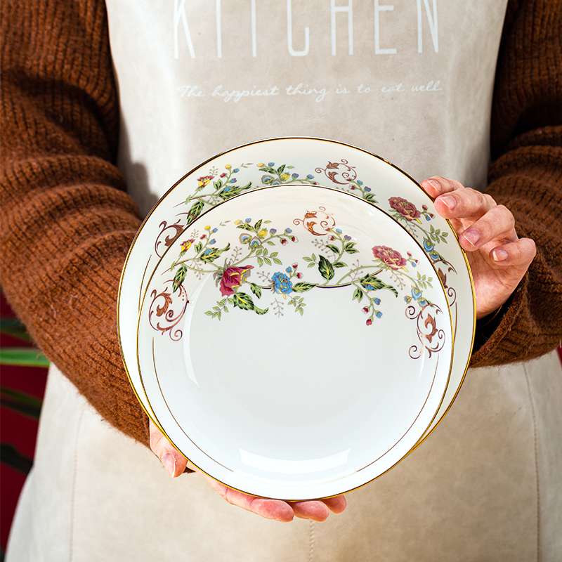 景德镇碗碟套装陶瓷盘子菜盘深盘家用北欧金边骨瓷盘子大容量饭盘 - 图2
