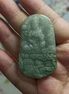 天然翡翠吊坠山水观音牌绿底