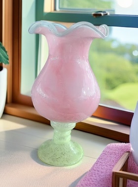 中古芬顿粉绿高脚风灯花瓶手工琉璃家居装饰花瓶