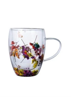 双层干花玻璃玻璃杯茶杯花器加厚颜值家用水杯网红两只杯花器