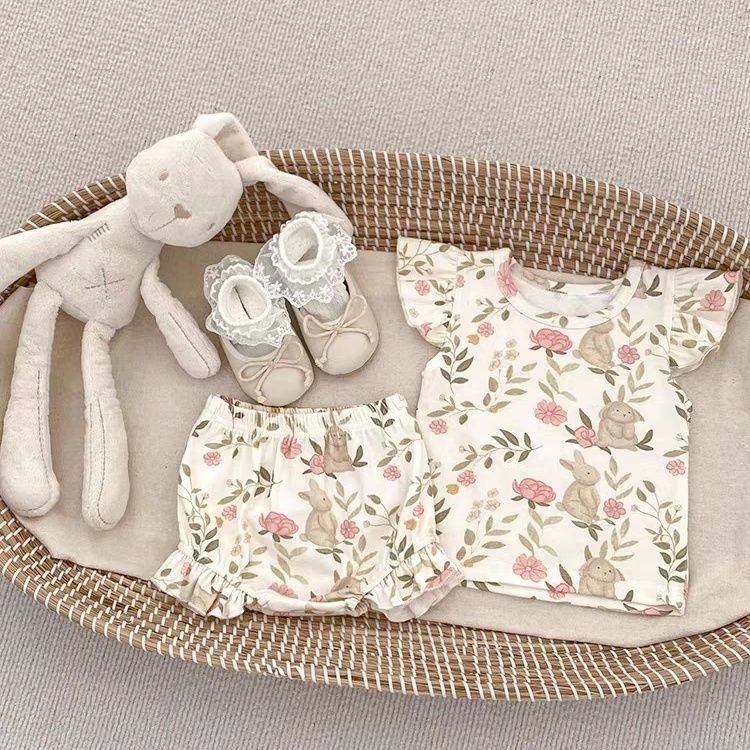 婴幼儿2025夏季套装印花飞袖上衣T恤花边短裤ins韩版女宝宝两件套,淘宝优惠券,粉丝福利购,淘宝优惠卷