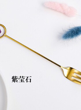 天然水晶原石八面体紫蓝绿萤石甜品勺不锈钢金色水滴型咖啡勺