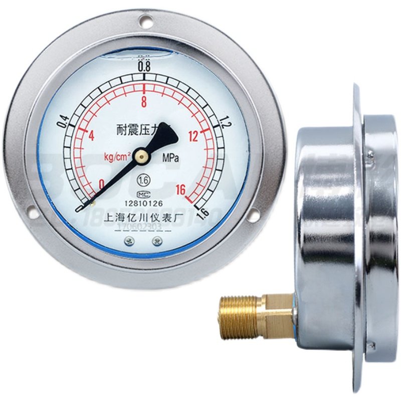 轴向耐震压力表YN100ZT面板安装带法兰边水压气油压4真空表1.6MPa - 图0
