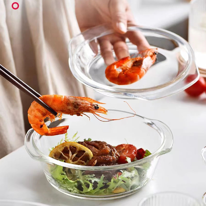 耐热玻璃碗带盖家用透明沙拉碗双耳蒸蛋碗汤盆大号微波炉纯色器皿 - 图0