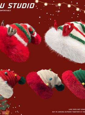Red Ear Protection Knitted Hat Women's Hat Christmas Hat
