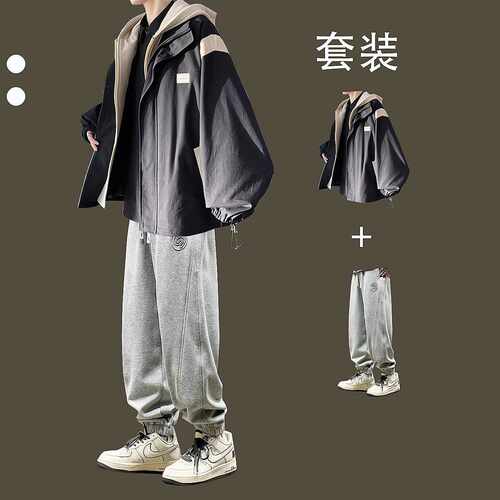 假两件外套春秋款潮牌痞帅高级感夹克套装男生穿搭一整套帅气搭配 - 图3