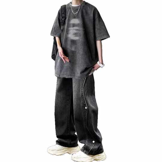 美式复古短袖T恤夏季套装男港风一整套潮流牛仔裤潮牌炸街两件套