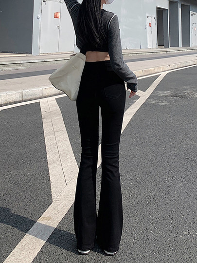 Black micro-flared jeans for women 2025 spring and autumn new slimming and highly elastic high-waisted floor-length horseshoe trousers